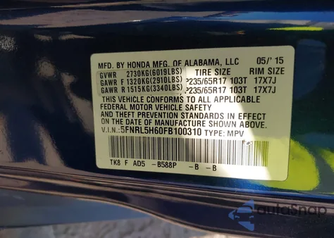 2015 Honda Odyssey Ex-L from USA, damaged, VIN 5FNRL5H60FB100310